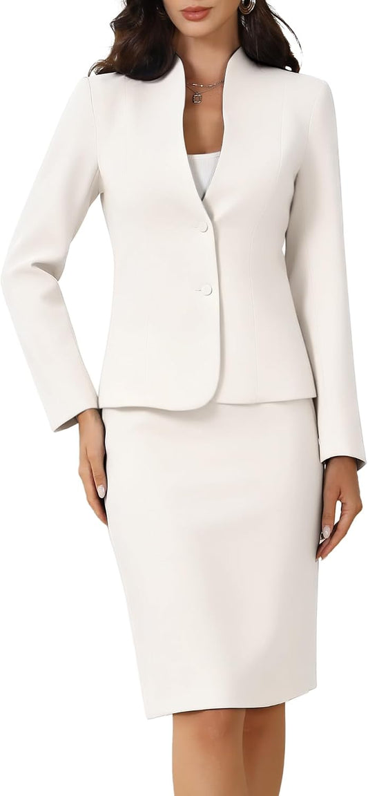 Allegra K Women's Collarless Blazer Pencil Skirt Business Work Suit Set