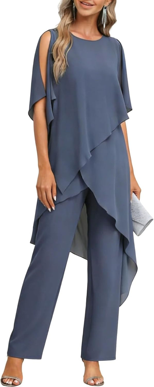 Chiffon Mother of The Bride Pants Suit for Women 2 Pieces Dressy