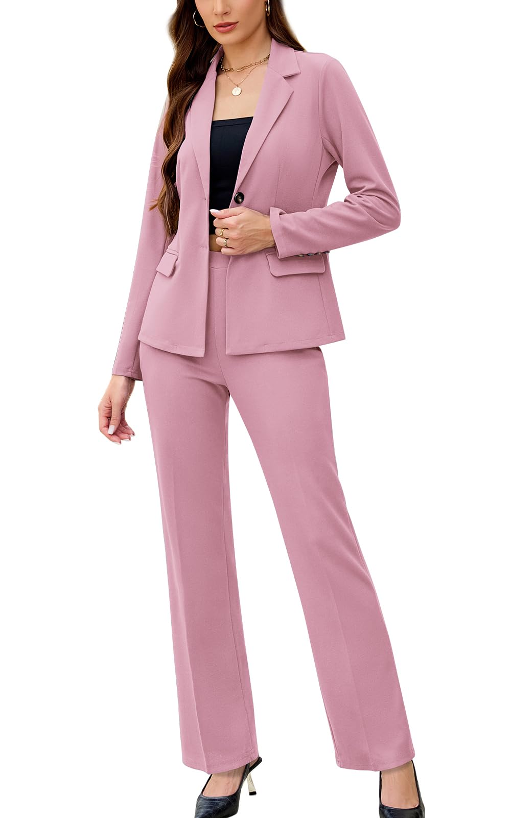 Women's 2 Piece Suits Business Casual Outfits Long Sleeve Solid Pantsuits Professional Office Work Sets