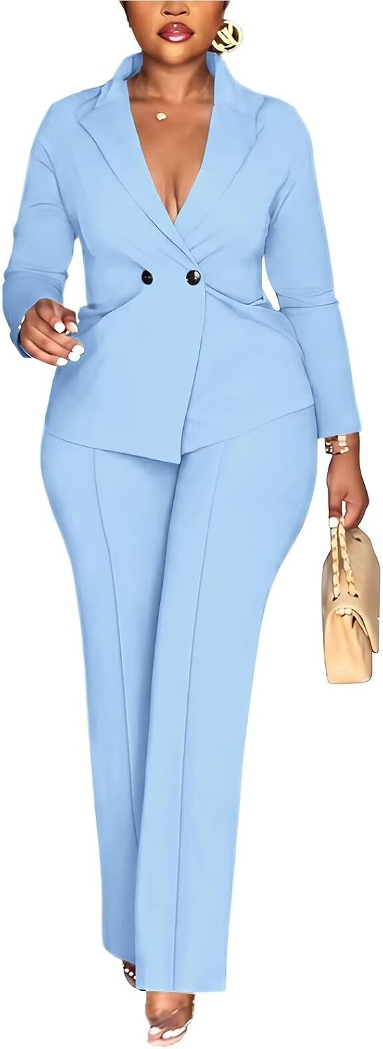Kafiloe Women Double Breasted Blazer Pants Suit 2 Piece Outfits