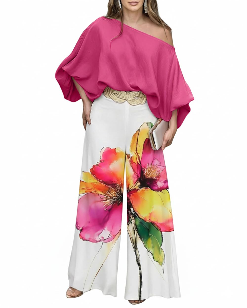 CHICME Women 2 Piece Summer Outfit Off Shoulder Flowy Wide Leg Pants Set
