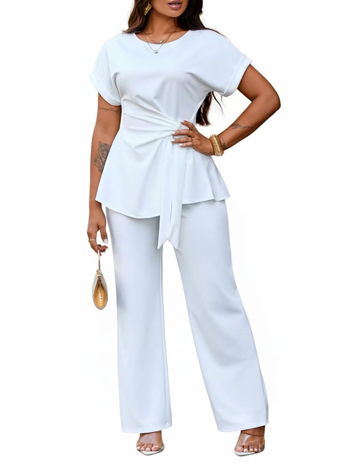 Women's 2 Piece Outfit,Short Sleeve Peplum Top,Wide Leg Pant Sets,Business