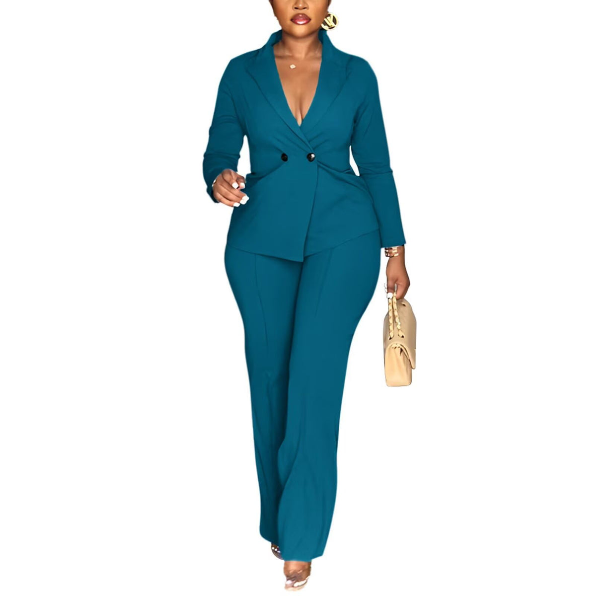 Kafiloe Women Double Breasted Blazer Pants Suit 2 Piece Outfits