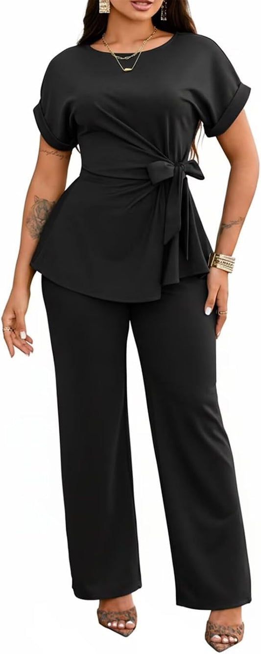Women's 2 Piece Outfit,Short Sleeve Peplum Top,Wide Leg Pant Sets,Business