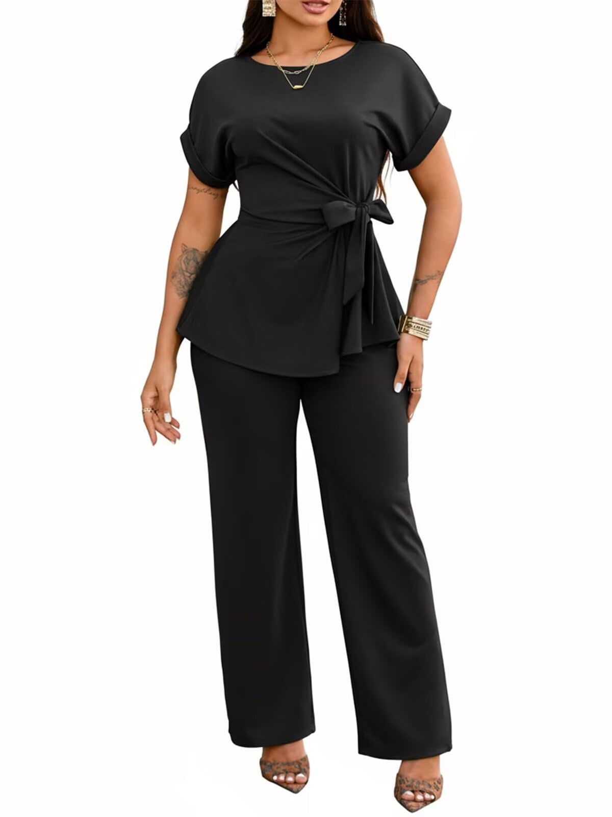 Women's 2 Piece Outfit,Short Sleeve Peplum Top,Wide Leg Pant Sets,Business