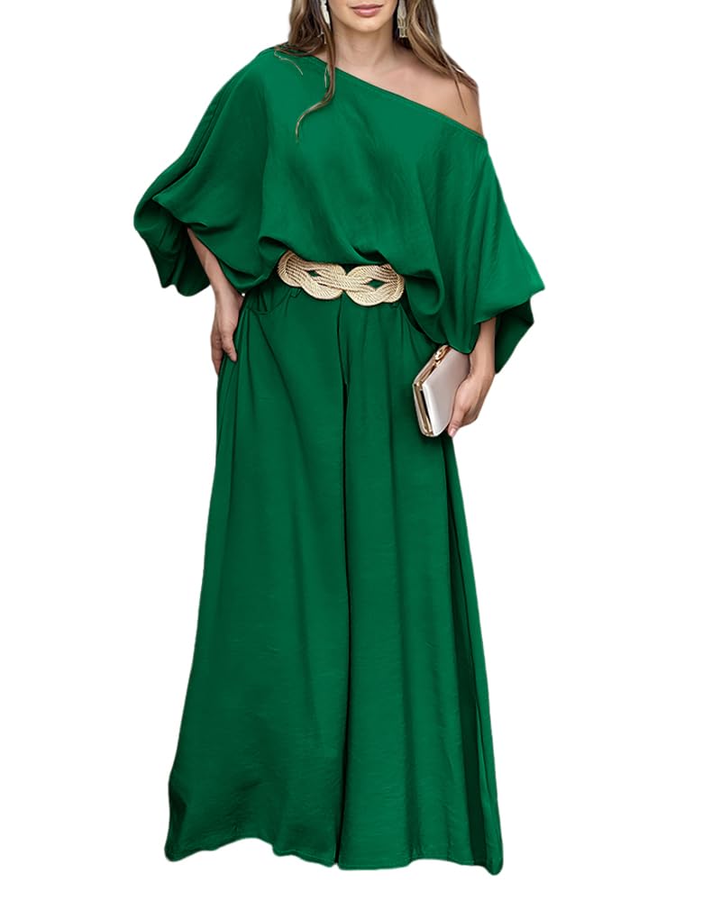 CHICME Women 2 Piece Summer Outfit Off Shoulder Flowy Wide Leg Pants Set