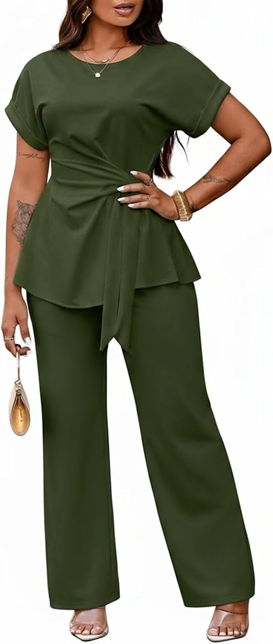Women's 2 Piece Outfit,Short Sleeve Peplum Top,Wide Leg Pant Sets,Business