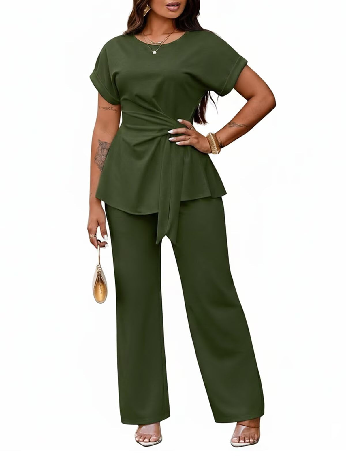 Women's 2 Piece Outfit,Short Sleeve Peplum Top,Wide Leg Pant Sets,Business