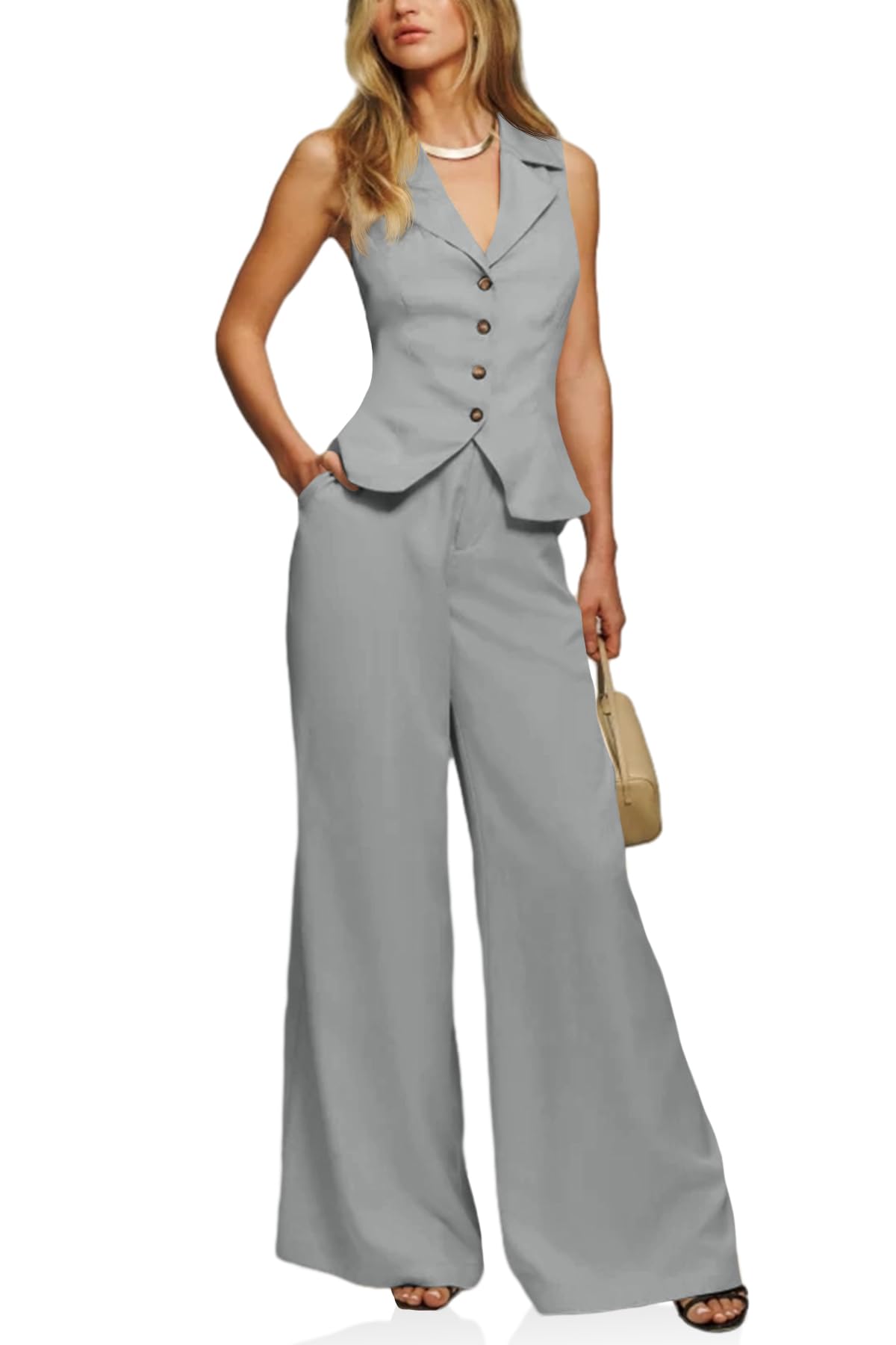 Cicy Bell Womens Vest Sets Button Crop Blazer Vest and Wide Leg Pant Suits