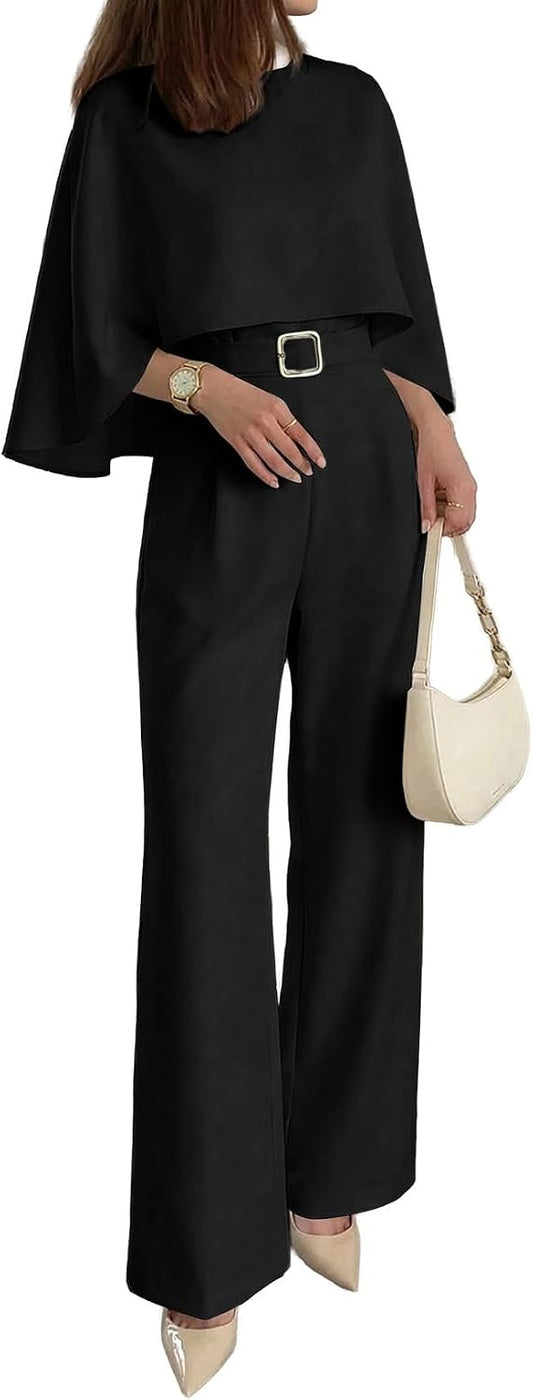 Pink Queen Dressy Jumpsuits For Women Elegant Cape Sleeve Wide Leg Romper