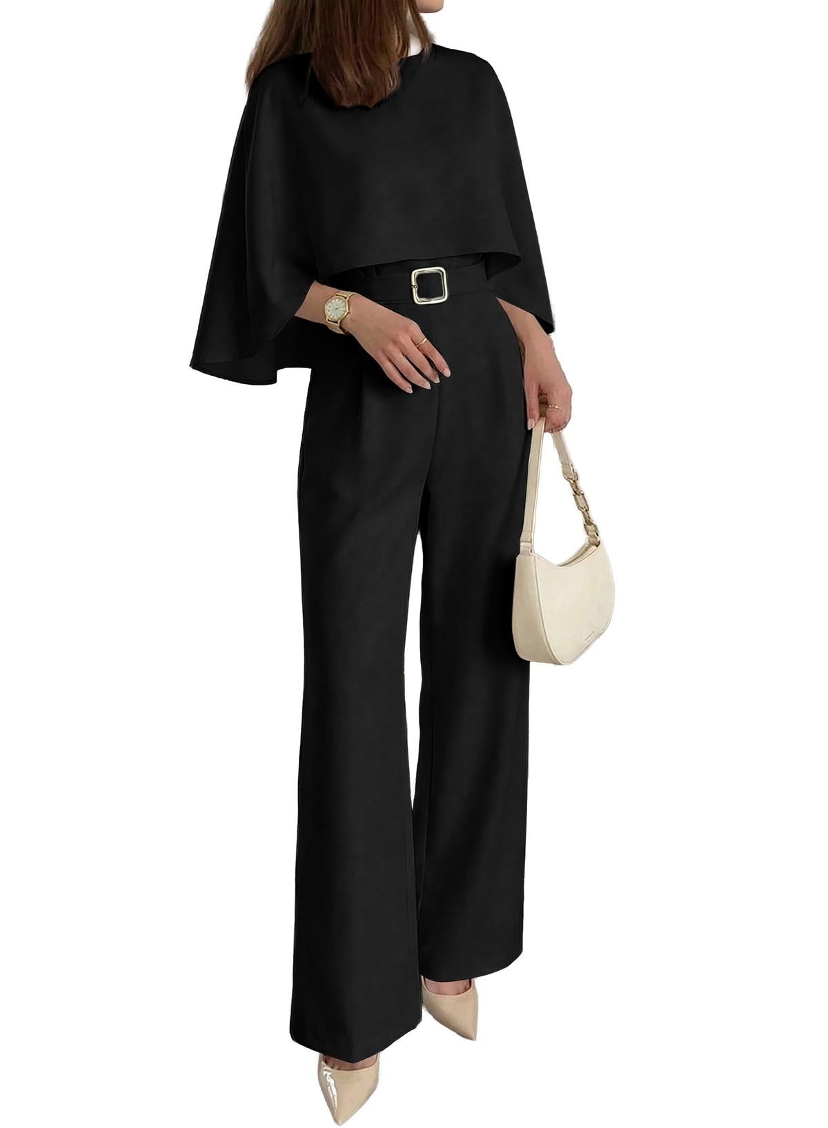 Pink Queen Dressy Jumpsuits For Women Elegant Cape Sleeve Wide Leg Romper