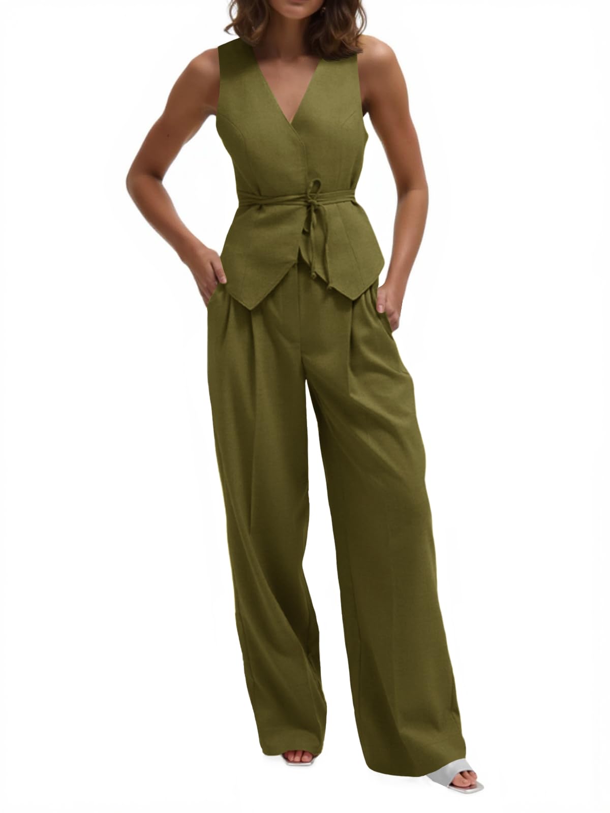 Cicy Bell Womens 2 Piece Outfits V Neck Blazer Vest and Wide Leg Pants Sets