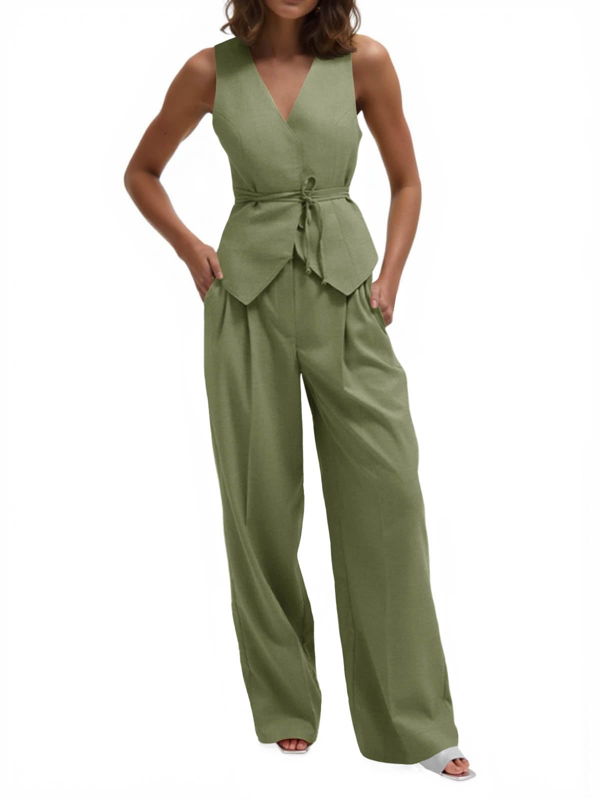 Cicy Bell Womens 2 Piece Outfits V Neck Blazer Vest and Wide Leg Pants Sets