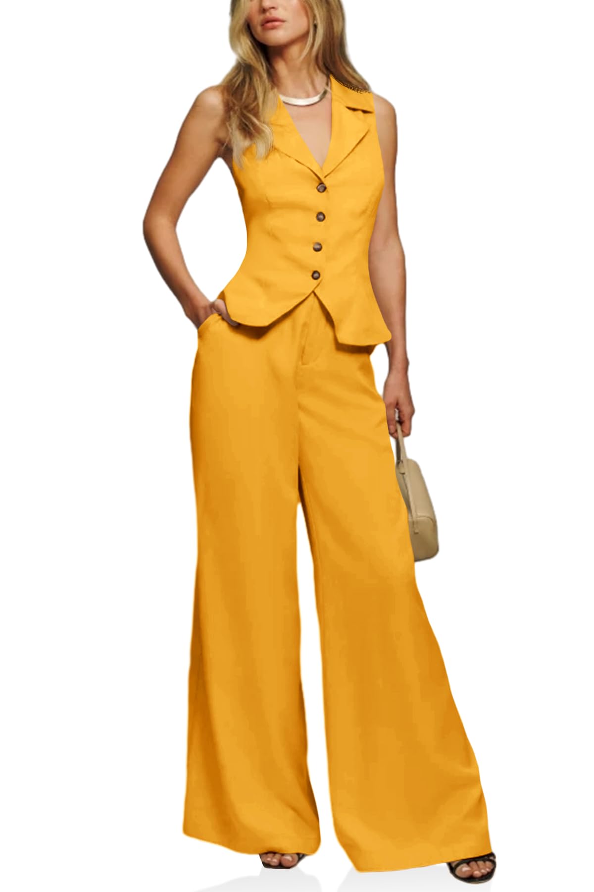 Cicy Bell Womens Vest Sets Button Crop Blazer Vest and Wide Leg Pant Suits