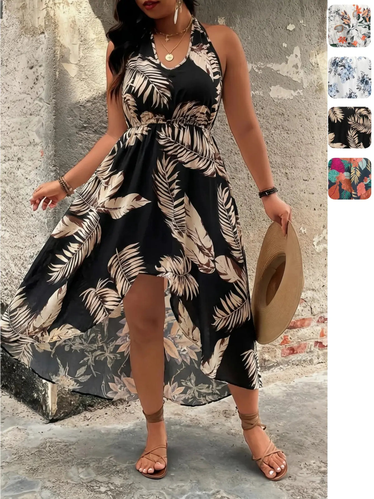[Plus Size] Two-piece Set Floral Print Split Hem Top & Shorts Set Sleeveless, Boho Casual Two-piece Outfits for Beach Vacation Holiday, Women's Clothes for Summer, Bohemian, Fashion Style Sets, Womenswear, Fashion Clothing Set
