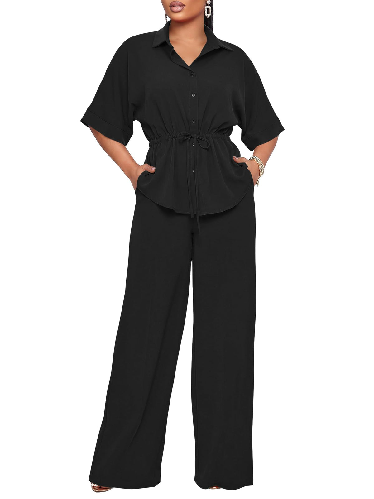 Two Piece Sets for Women Dressy Shirt Top Flared Pants Business Pantsuits