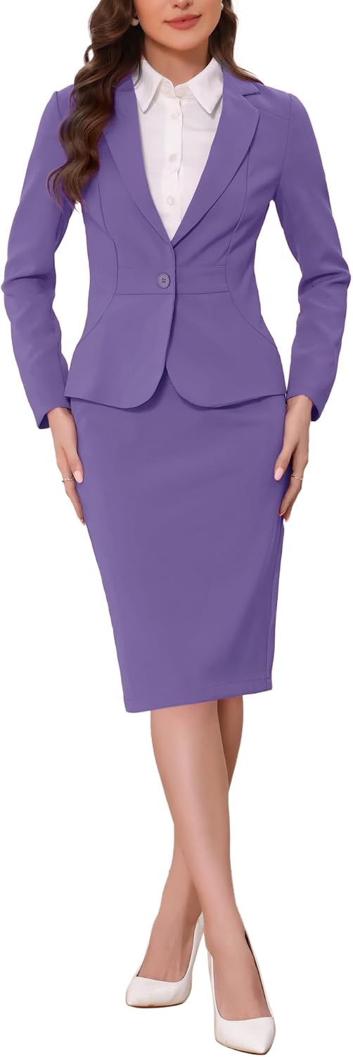 Allegra K Women 2 Piece Skirt Suit Set Business Casual Blazer Pencil Skirts