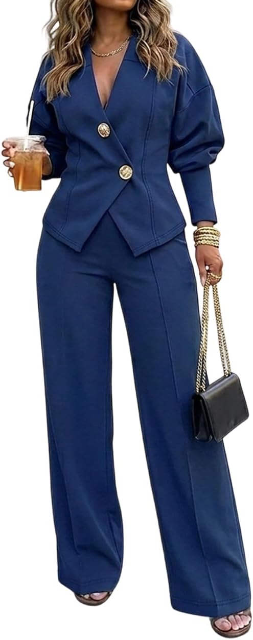 CHICME Womens 2 Piece Blazer Pants Set Fall Business Casual Outfit