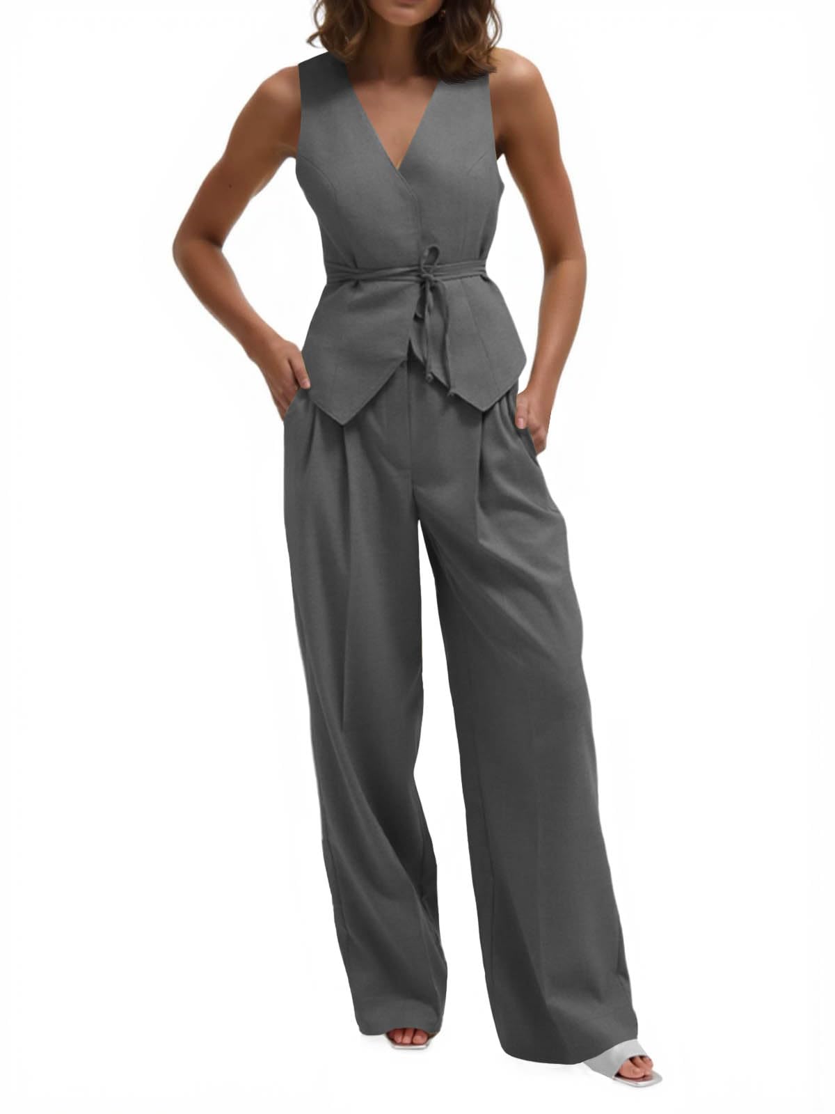 Cicy Bell Womens 2 Piece Outfits V Neck Blazer Vest and Wide Leg Pants Sets