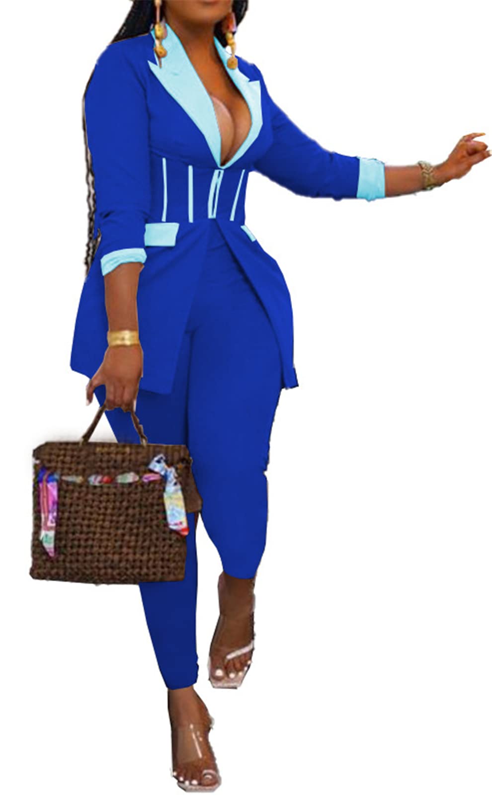 Recious Womens Sexy 2 Pieces Denim Printed Zipper Jackets Bodycon Pants Party Clubwear Tracksuit Outfits Set
