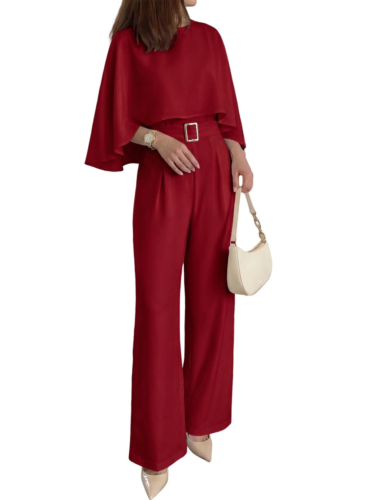 Pink Queen Dressy Jumpsuits For Women Elegant Cape Sleeve Wide Leg Romper