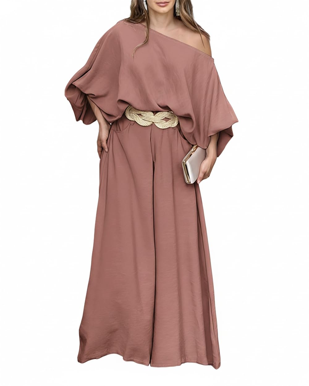 CHICME Women 2 Piece Summer Outfit Off Shoulder Flowy Wide Leg Pants Set