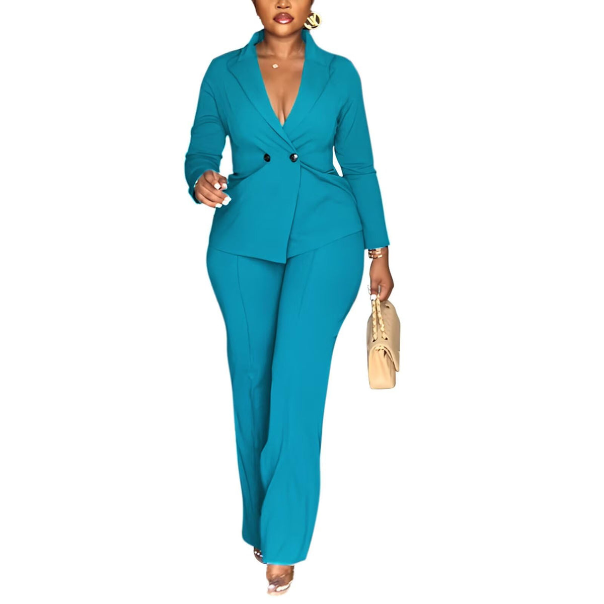 Kafiloe Women Double Breasted Blazer Pants Suit 2 Piece Outfits