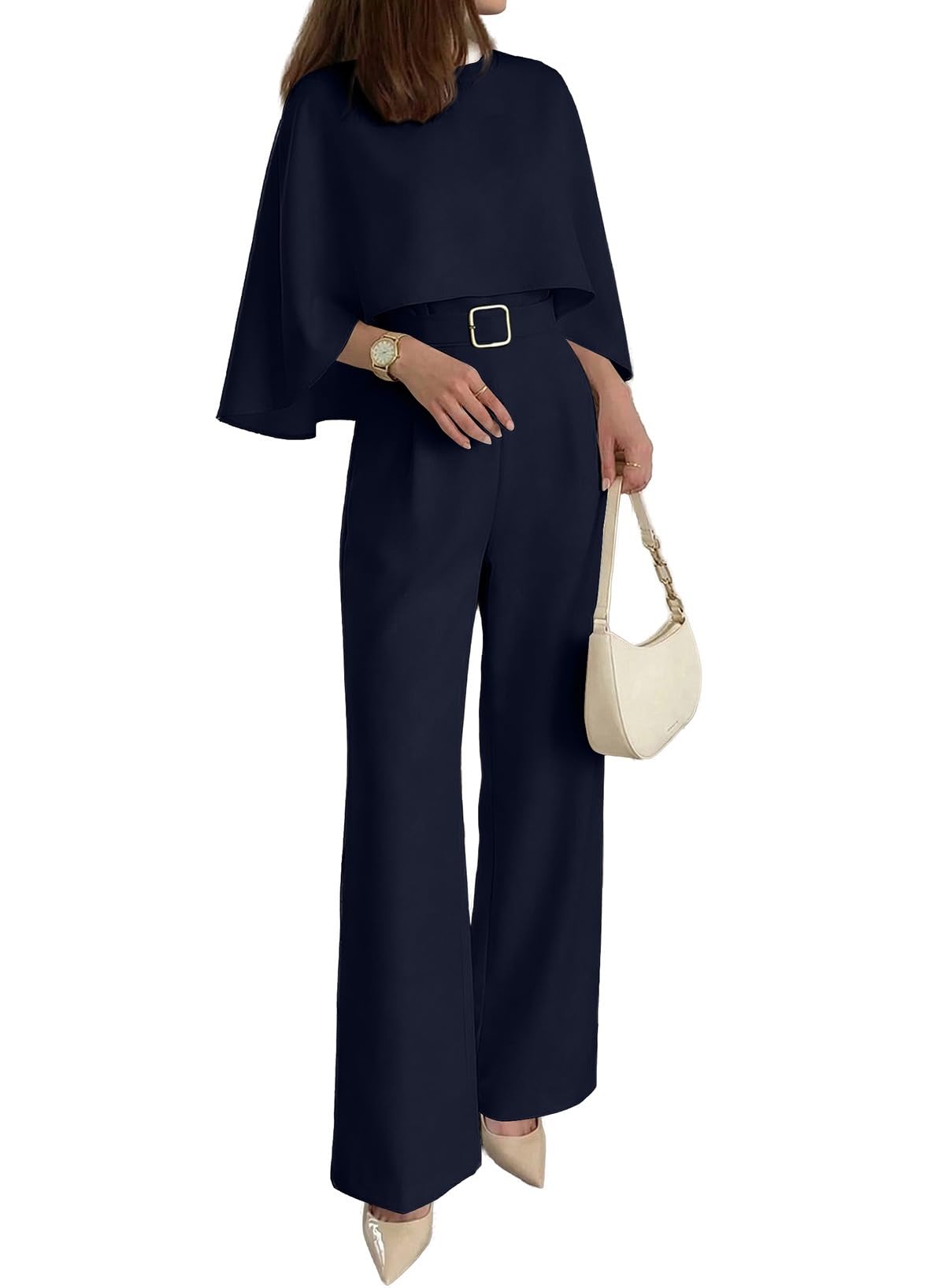 Pink Queen Dressy Jumpsuits For Women Elegant Cape Sleeve Wide Leg Romper