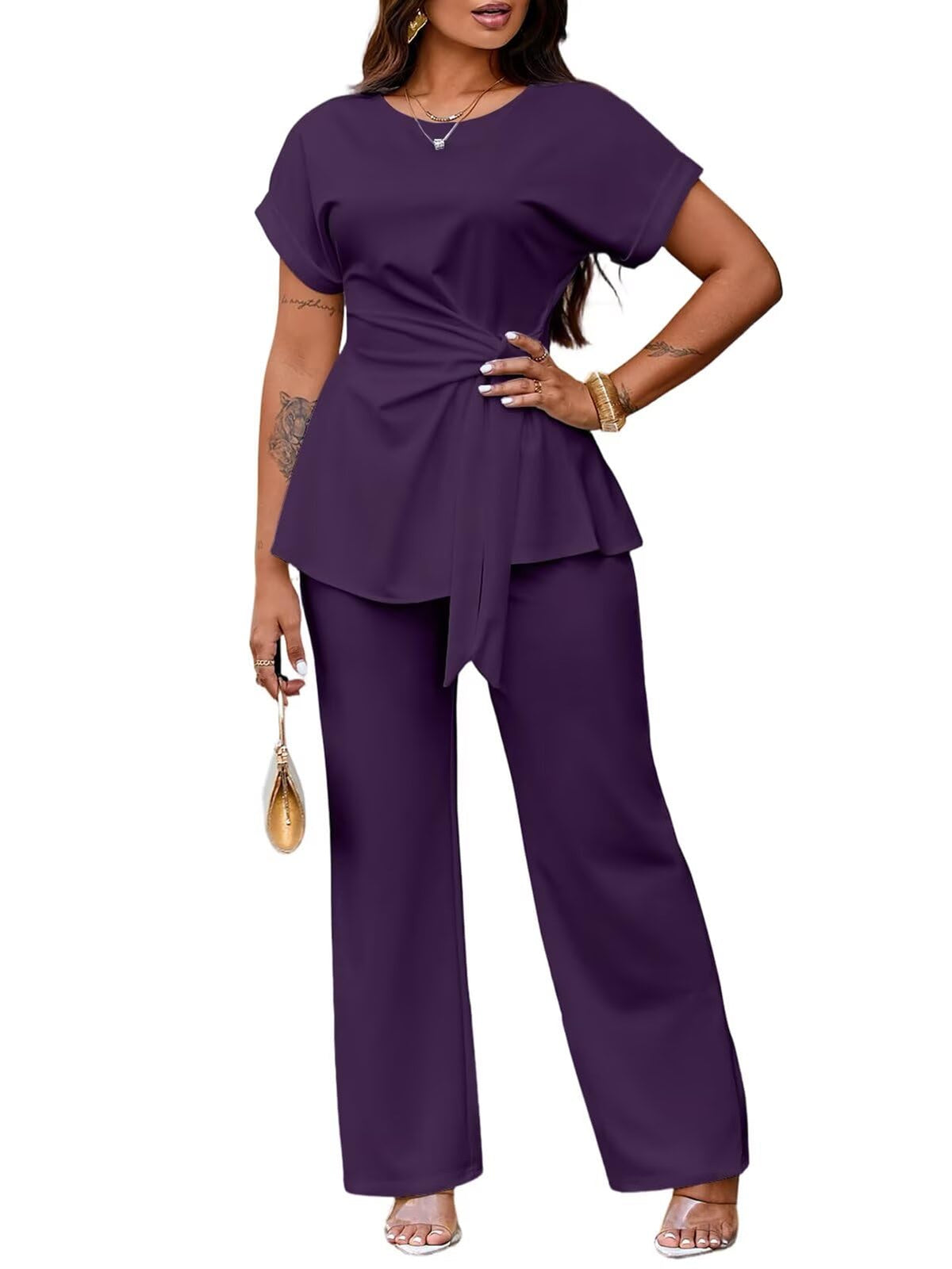 Women's 2 Piece Outfit,Short Sleeve Peplum Top,Wide Leg Pant Sets,Business