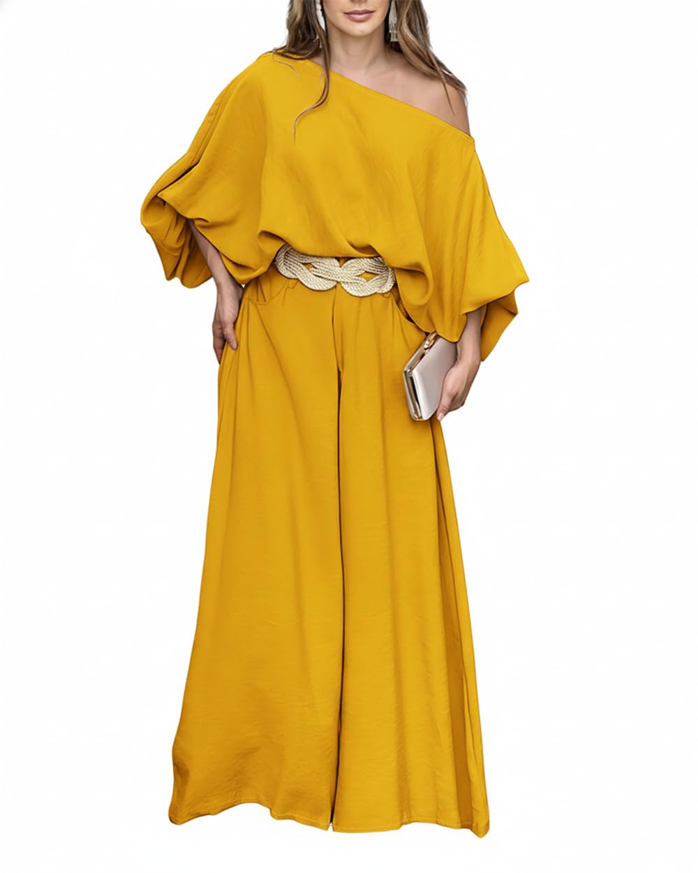 CHICME Women 2 Piece Summer Outfit Off Shoulder Flowy Wide Leg Pants Set