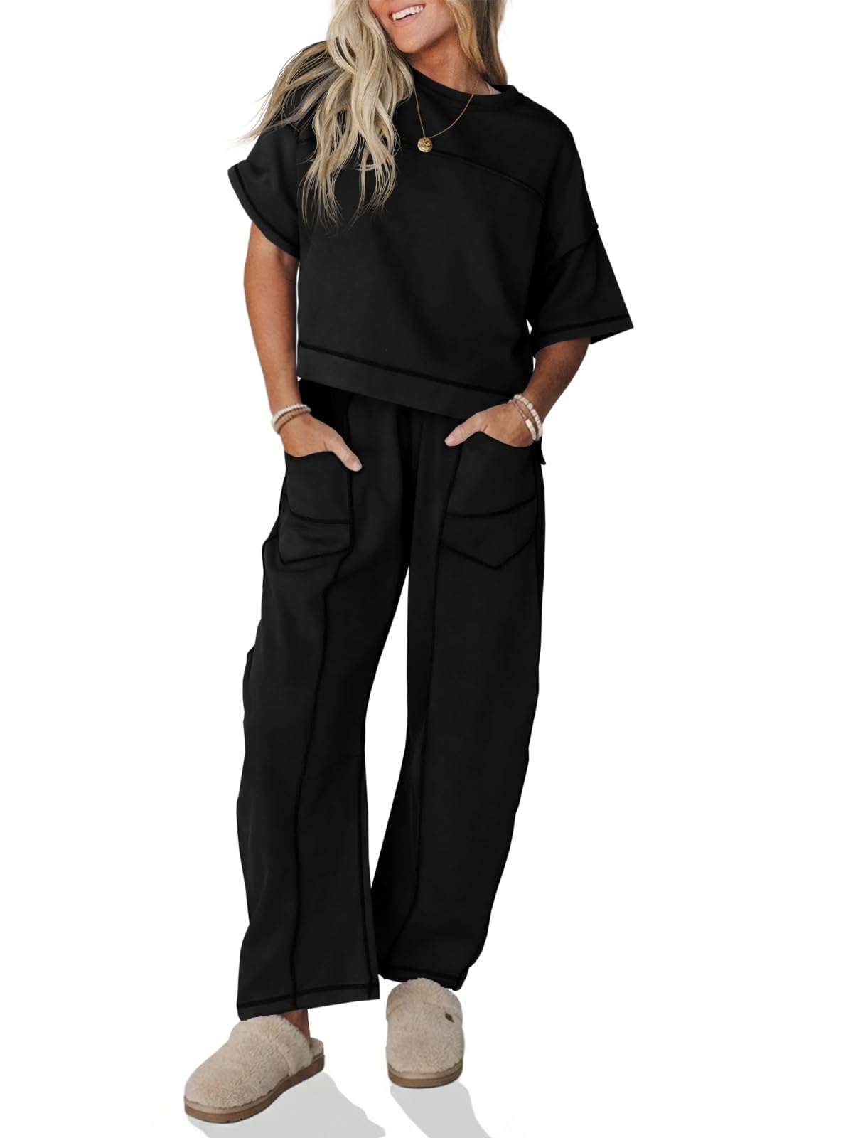 Fisoew Womens 2 Piece Outfits Lounge Sets Short Sleeve Tops and Wide Leg Pants Travel Vacation Casual Matching Sets