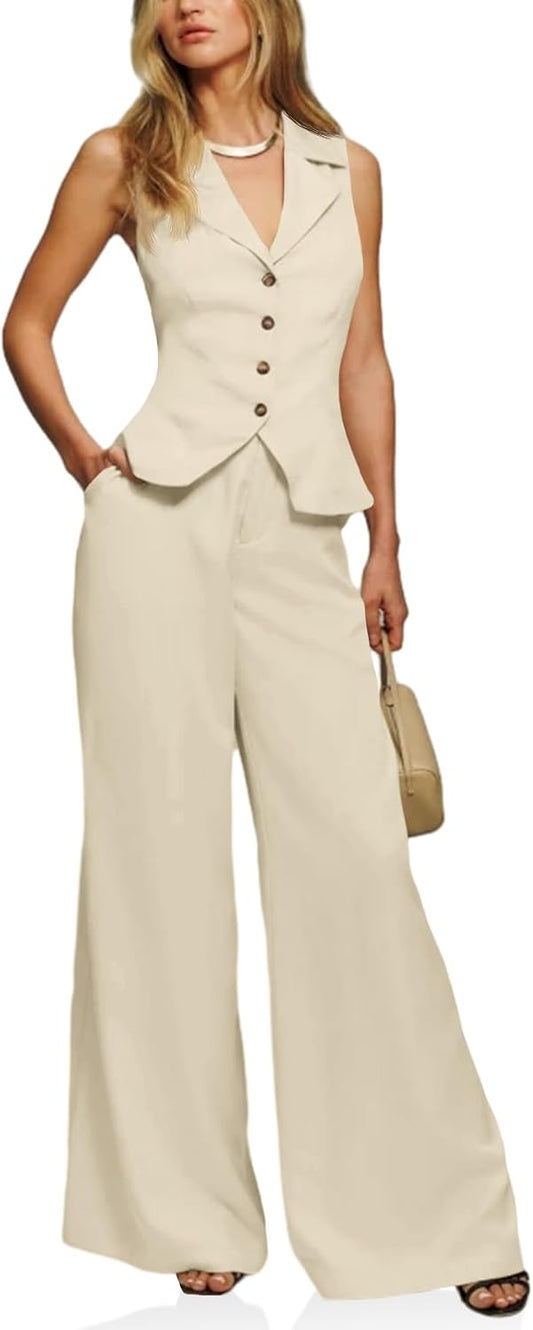 Cicy Bell Womens Vest Sets Button Crop Blazer Vest and Wide Leg Pant Suits