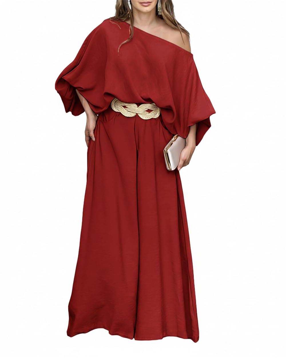 CHICME Women 2 Piece Summer Outfit Off Shoulder Flowy Wide Leg Pants Set