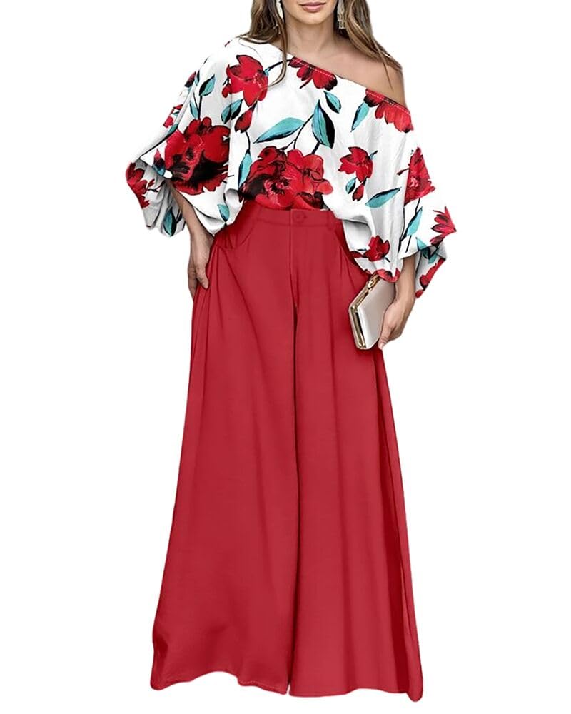 CHICME Women 2 Piece Summer Outfit Off Shoulder Flowy Wide Leg Pants Set
