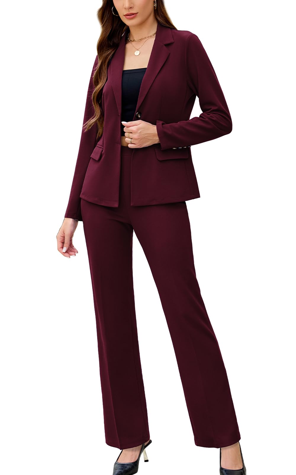 Women's 2 Piece Suits Business Casual Outfits Long Sleeve Solid Pantsuits Professional Office Work Sets