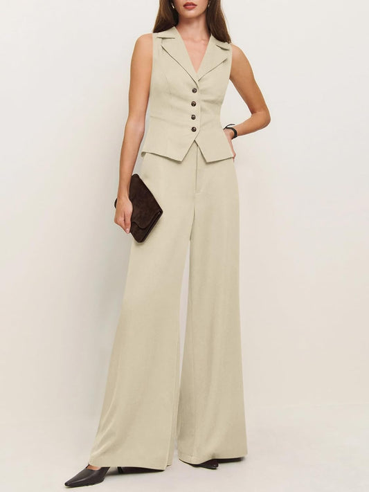 Cicy Bell Womens Vest Sets Button Crop Blazer Vest and Wide Leg Pant Suits