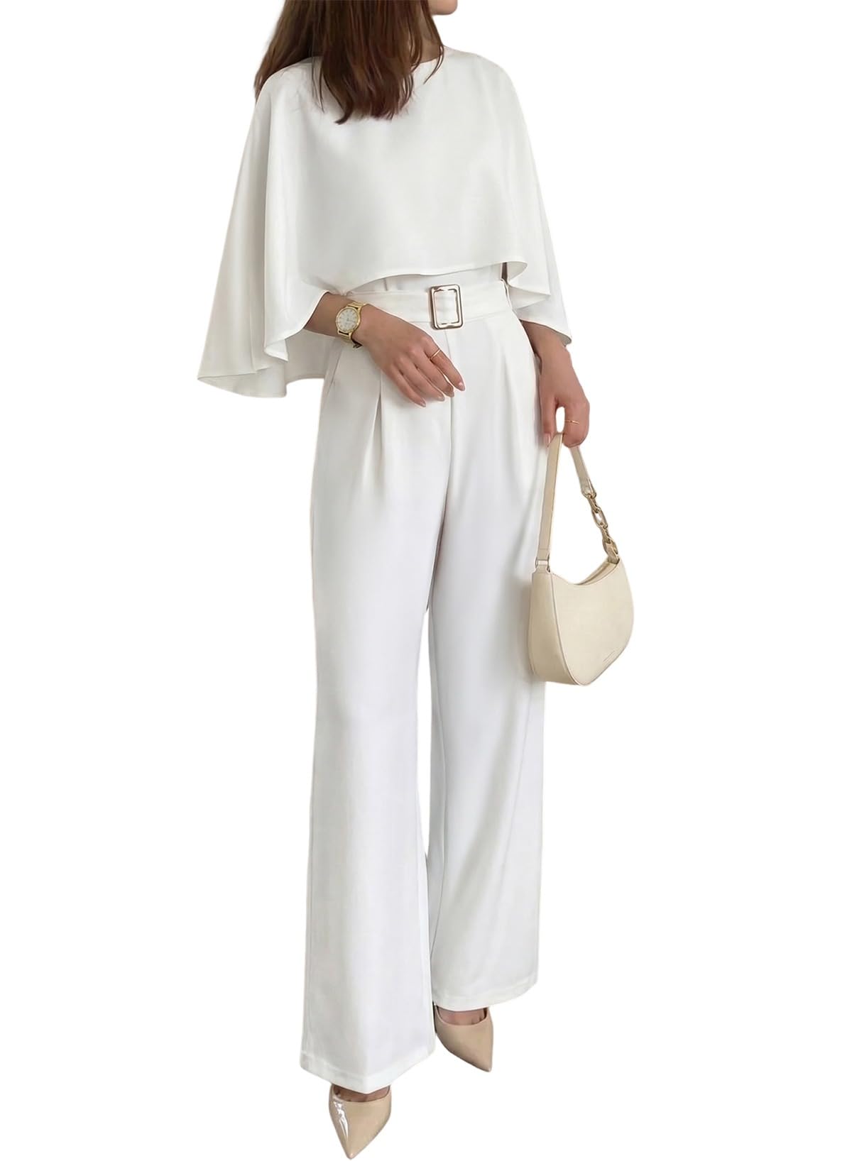 Pink Queen Dressy Jumpsuits For Women Elegant Cape Sleeve Wide Leg Romper
