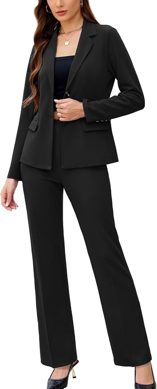 Women's 2 Piece Suits Business Casual Outfits Long Sleeve Solid Pantsuits Professional Office Work Sets