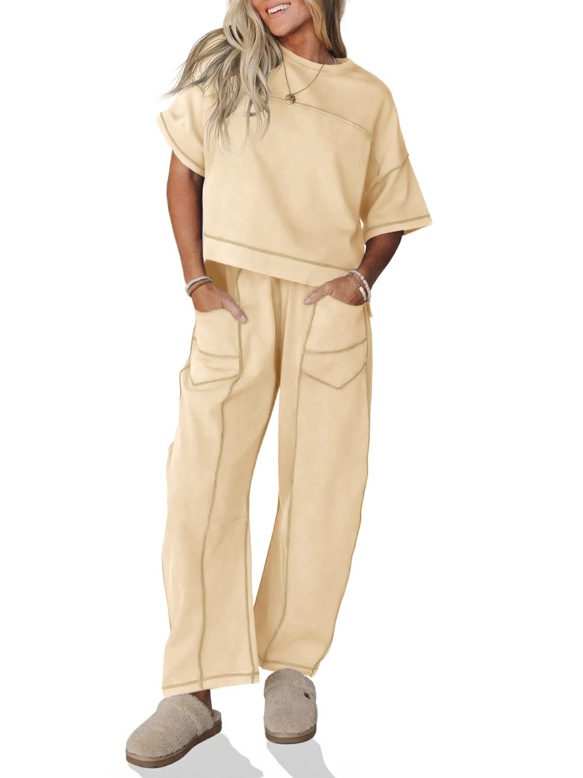 Fisoew Womens 2 Piece Outfits Lounge Sets Short Sleeve Tops and Wide Leg Pants Travel Vacation Casual Matching Sets