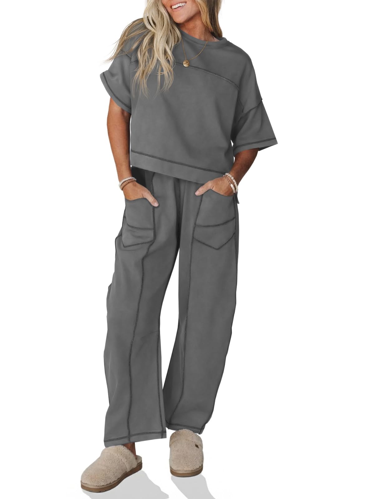 Fisoew Womens 2 Piece Outfits Lounge Sets Short Sleeve Tops and Wide Leg Pants Travel Vacation Casual Matching Sets