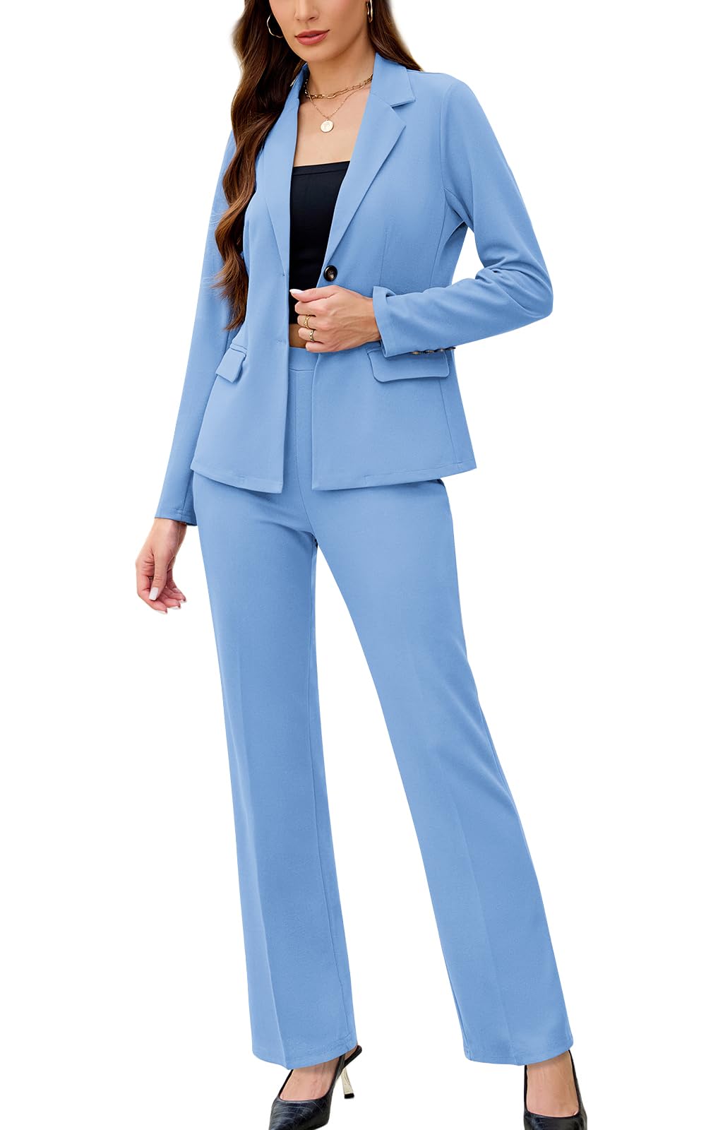 Women's 2 Piece Suits Business Casual Outfits Long Sleeve Solid Pantsuits Professional Office Work Sets