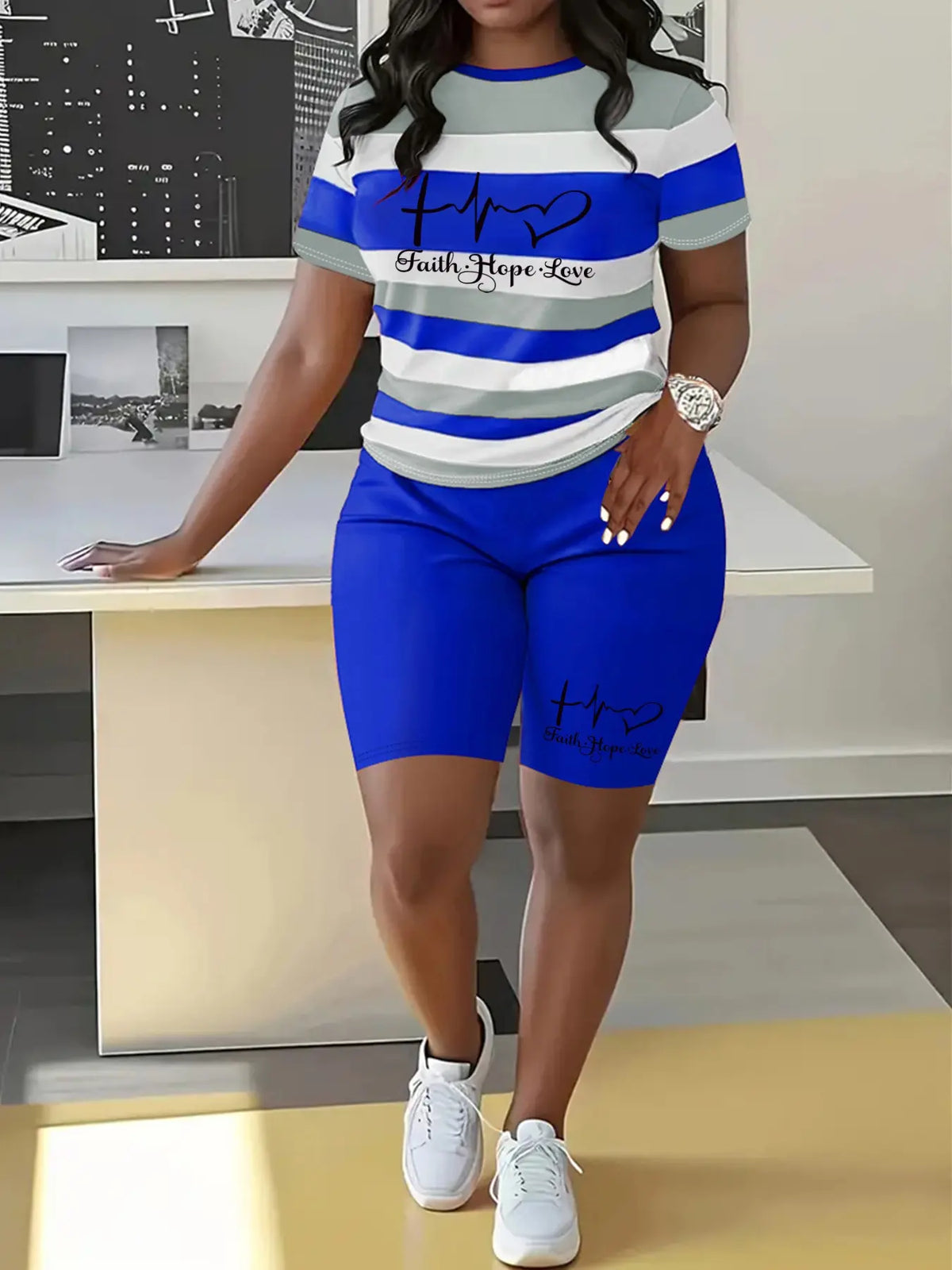Letter Print Striped Summer Casual Round Neck Short Sleeve Shorts Set, Summer Outfits Set, Fashionable Shorts Set, Womenswear Two-Piece for Spring and Summer, Comfortable and Stylish Lady