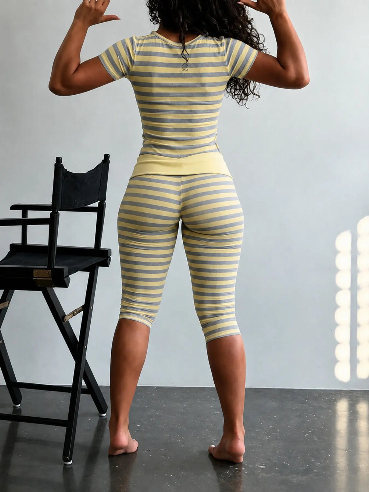 Striped Round Neck Short Sleeve Seven-Eighths Pants Set, Women Style Everyday Casual Slim Fit Crop T-Shirt and Leggings, Shiny Knit Elastic Fabric