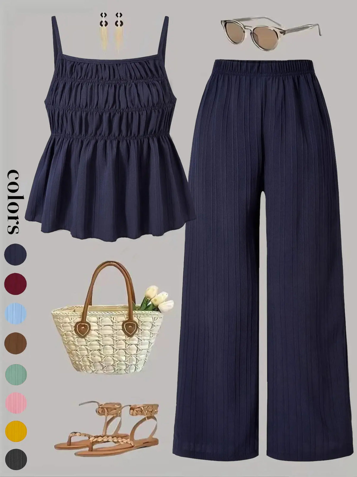 Two-Piece Set Women's Basic Solid Color Cami Top & Wide Leg Pants Set, Street Fashion Casual Outfits for Daily Outdoor Wear, Ladies Clothes for All Seasons