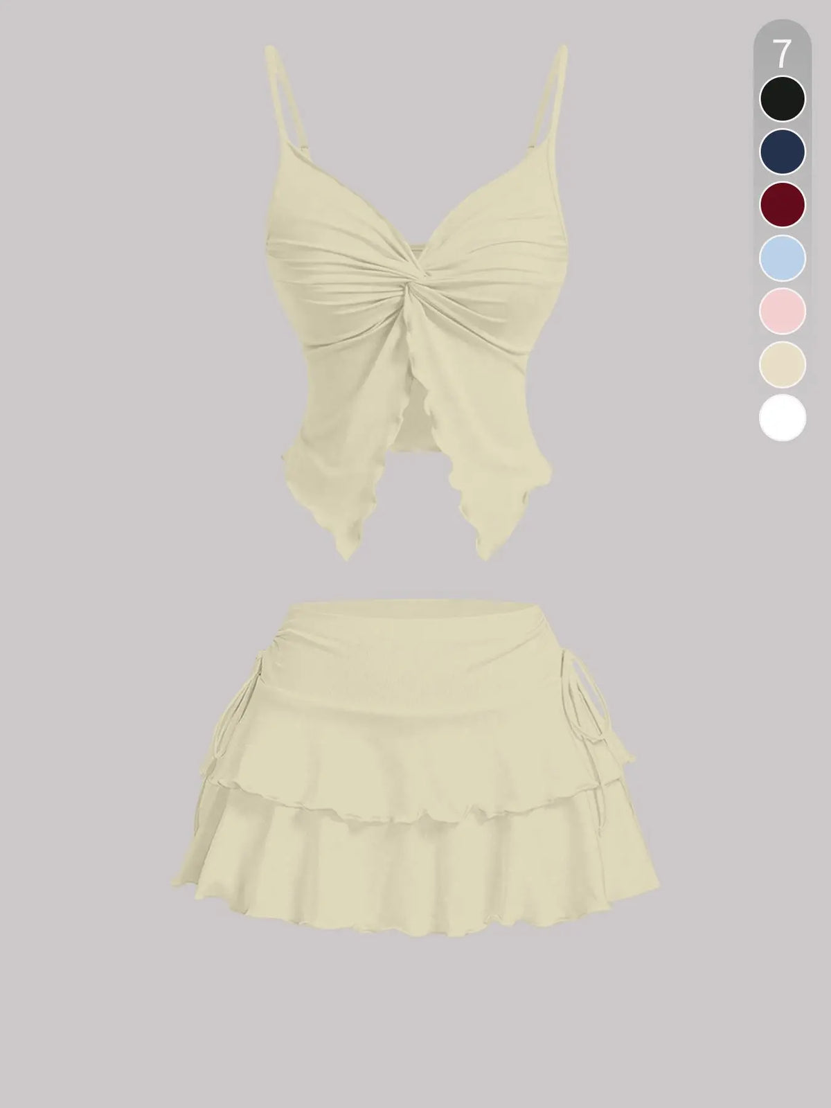 Women's Breathable Casual Solid Fitted Ribbed Strappy Sleeveless Twist-Front Top & Tie-Side Skirt Set Feminine Clothes
