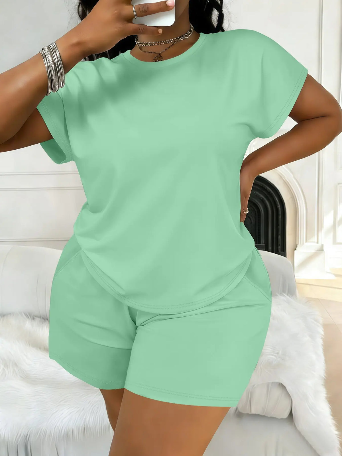 Women's Plus Size Casual Minimalist Plain Short-Sleeve Top and Shorts Set, Spring-Summer Womenswear Clothes with Loose Fit Comfort, All-Season Fashion