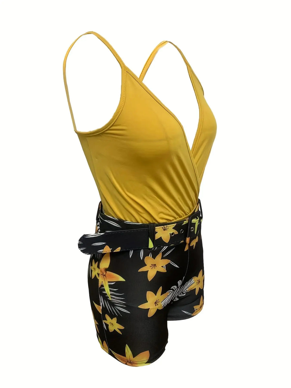 Women's V Neck Sleeveless Top & Plant Print Shorts Set with Belt, Summer Matching Set, Summer Tropical Floral Outfit, Perfect for Vacation, Beach and Casual Daily Wear, High Waist Fitted Design