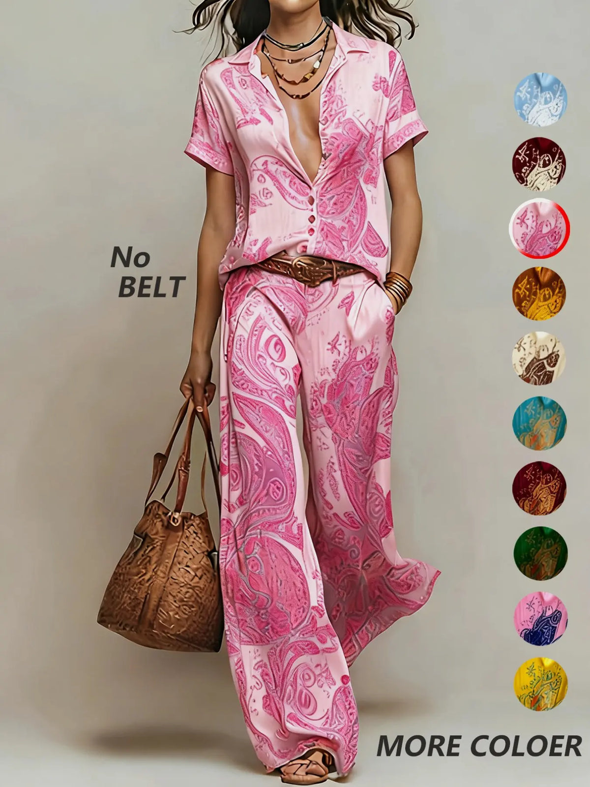 Casual Vacation Style Geometric Print Collared Shirt Top & Pocket Straight Leg Pants Set, Summer Matching Set, No Belt Included, Perfect for Daily Wear and Outdoor Activities, Chic