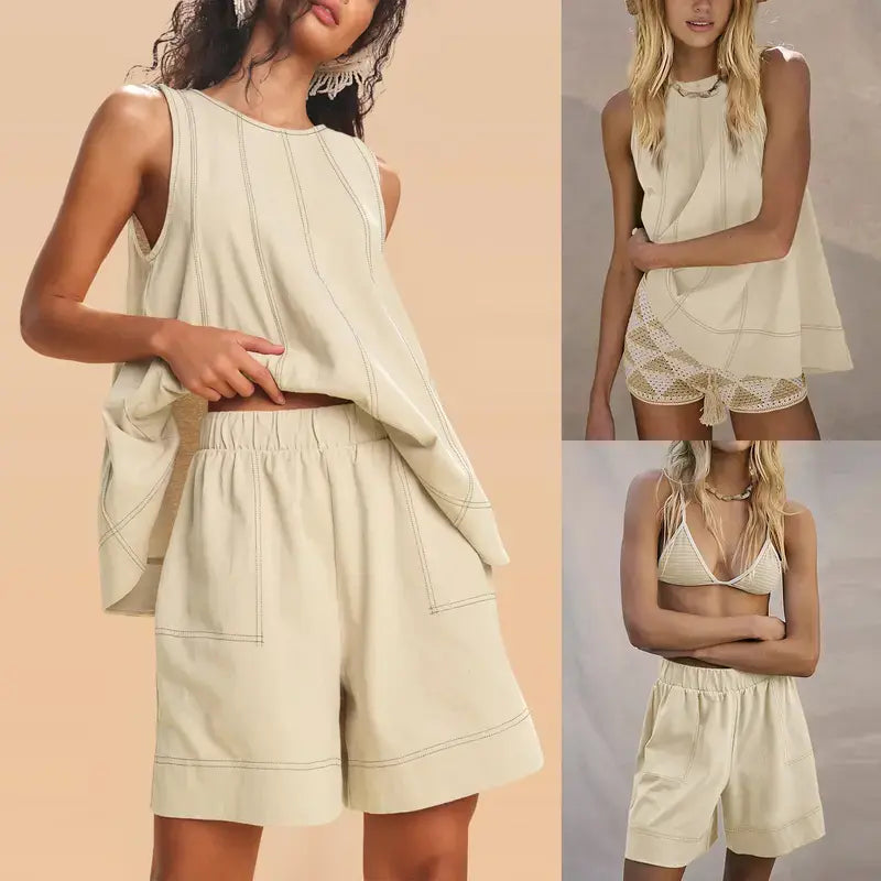 UANEO Womens 2 Piece Outfits Sleeveless Matching Sets A Line Tank Tops Contrast Stitching High Waist Shorts with Pockets Summer