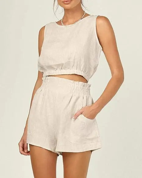 Imily Bela  Women's 2pcs Summer Outfits Sleeveless Crop Tank Top and High Waist Pocketed Shorts Loose 2 Piece Short Sets